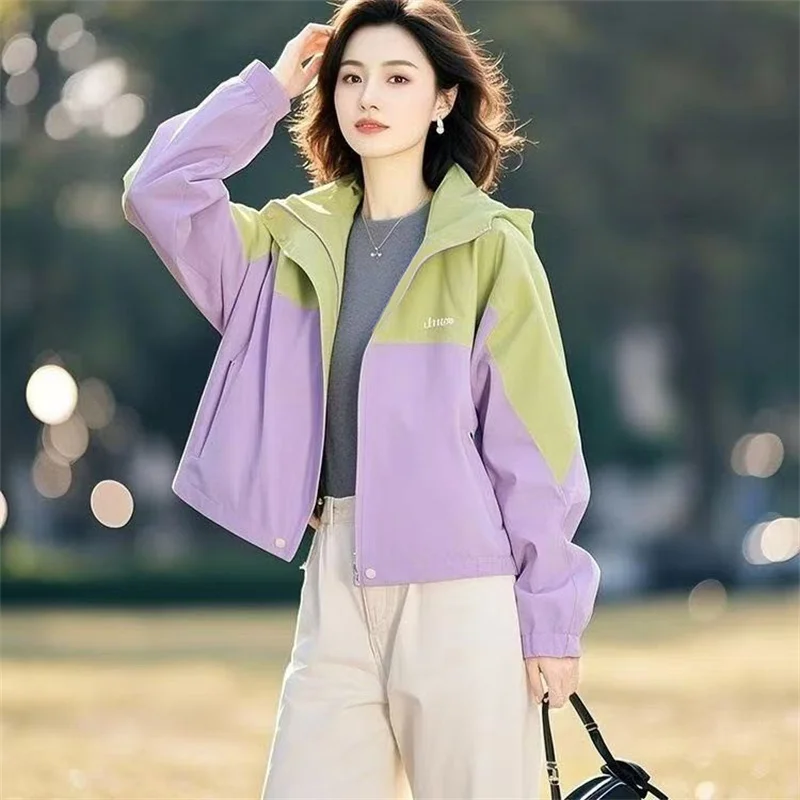 2025 Advanced Feeling Women Short Jacket Spring Autumn Causla Zipper Hooded Lined Coat Fashion Loose Patchwork Purple Outwear