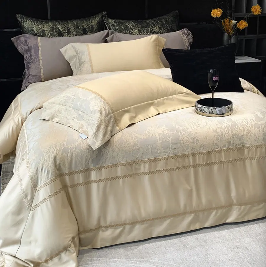 Luxury european french champagne bed set,full queen king florid jacquard cotton home textile bed sheet pillow case duvet cover