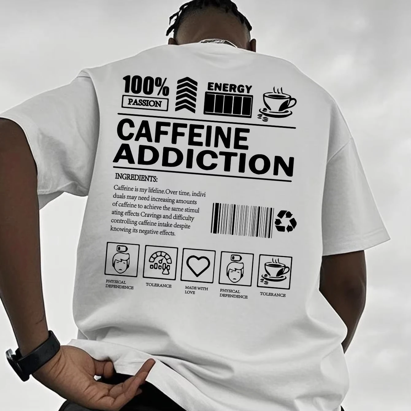 Men's Cotton Caffeine Addiction Graphic T-Shirt Casual Summer Men's and Women's Tee Barcode Coffee Cup Perfect Attire T Shirt