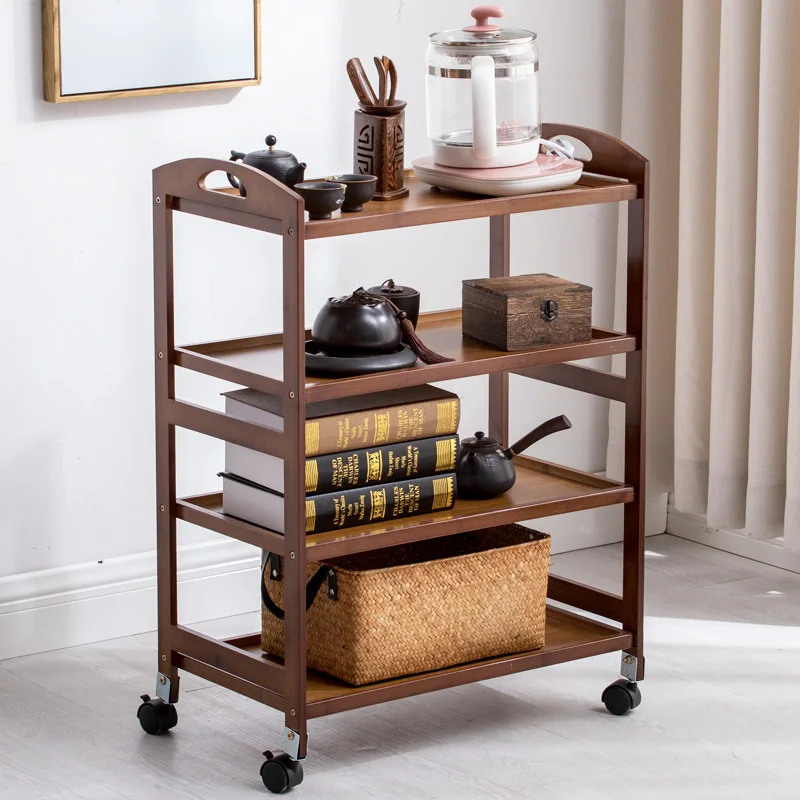 Solid Wood 3 Tier Shelf Serving Table with Wheels Drawer Kitchen Storage Cart Bar Cart Wine Tea Serving Cart Trolley