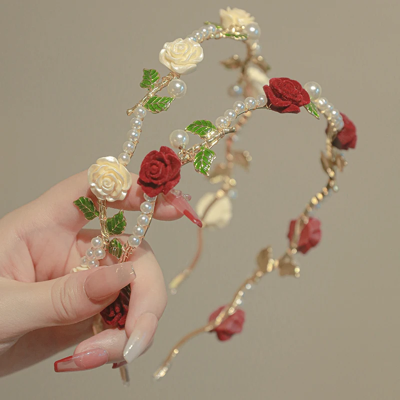 Ladies Elegant Rose Vine Headband Hair Accessories Headdress Girls Vintage Metal Flower Pearl Red White Rose Tiara Hairbands