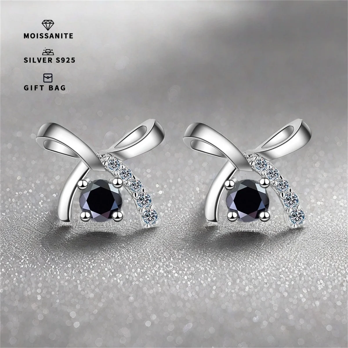 

S925 silver Platinum plating Black simple light luxury bow earrings GRA Moissanite D color VVS1 earrings cute gril gifts