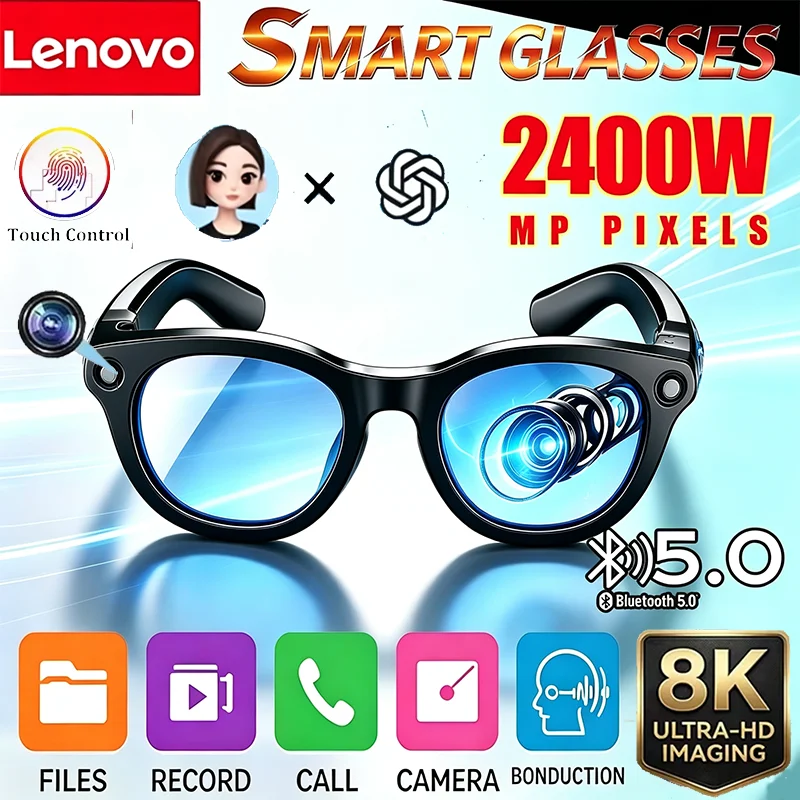 Lenovo 8K Shooting Upgrade Smart AI Motorcycle Glasses 2400W HD Camera Photo Video Voice Call Translation Bluetooth AI