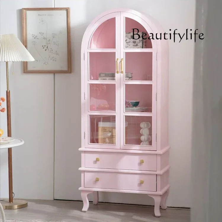 

home furniture all items French Pink Bookcase Bedroom Storage Japanese Solid Wood Arched Glass Door Bookshelf Living Room Vintag