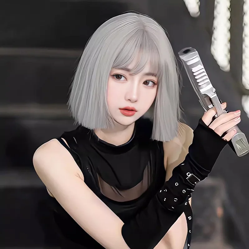 

Cosplay for women, bob style, popular straight , Japanese and Korean granny gray short hair, high-temperature fiber wig