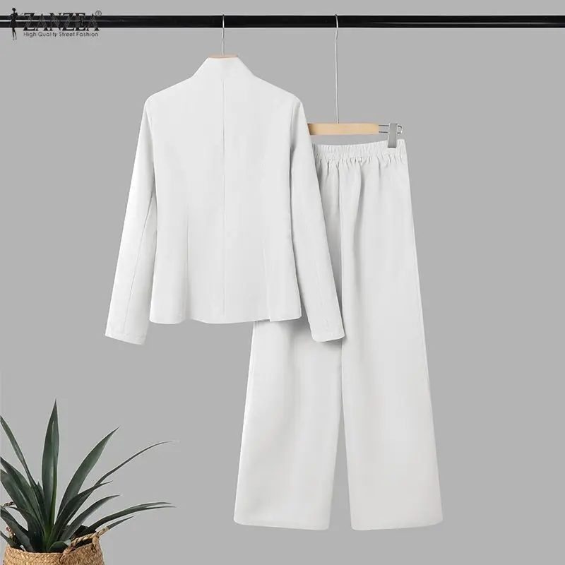 ZANZEA Women's Elegant Pant Suits Vintage Stand Collar Long Sleeve Top & Casual Pant 2 Pieces Sets Commuting Work Wear Outfits