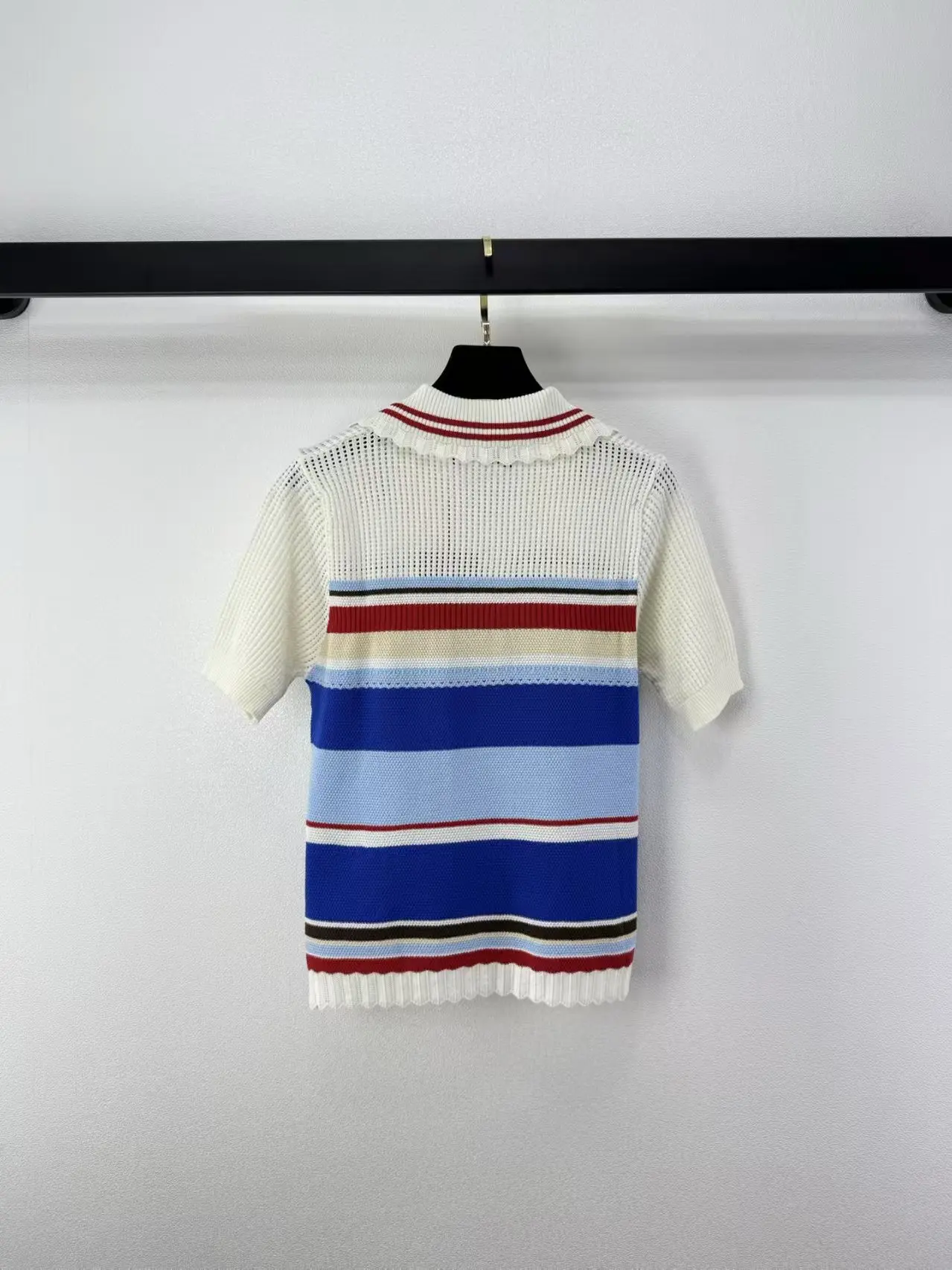 New Elegant Dopamine Rainbow Stripe Hollow Knitted Short Sleeve with Lotus Leaf Lace Polo Neck Embroidered Short Top for Women