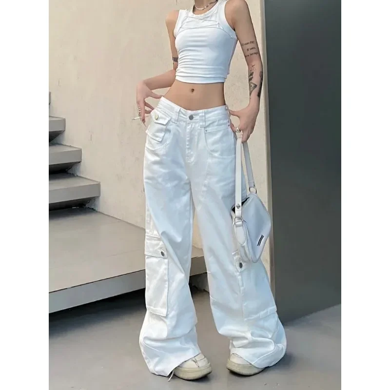 QWEEK Baggy Vintage Cargo Jeans Woman Korean Fashion Casual Harajuku Wide Leg Denim Pants Basic Ladies Fashion White Trousers