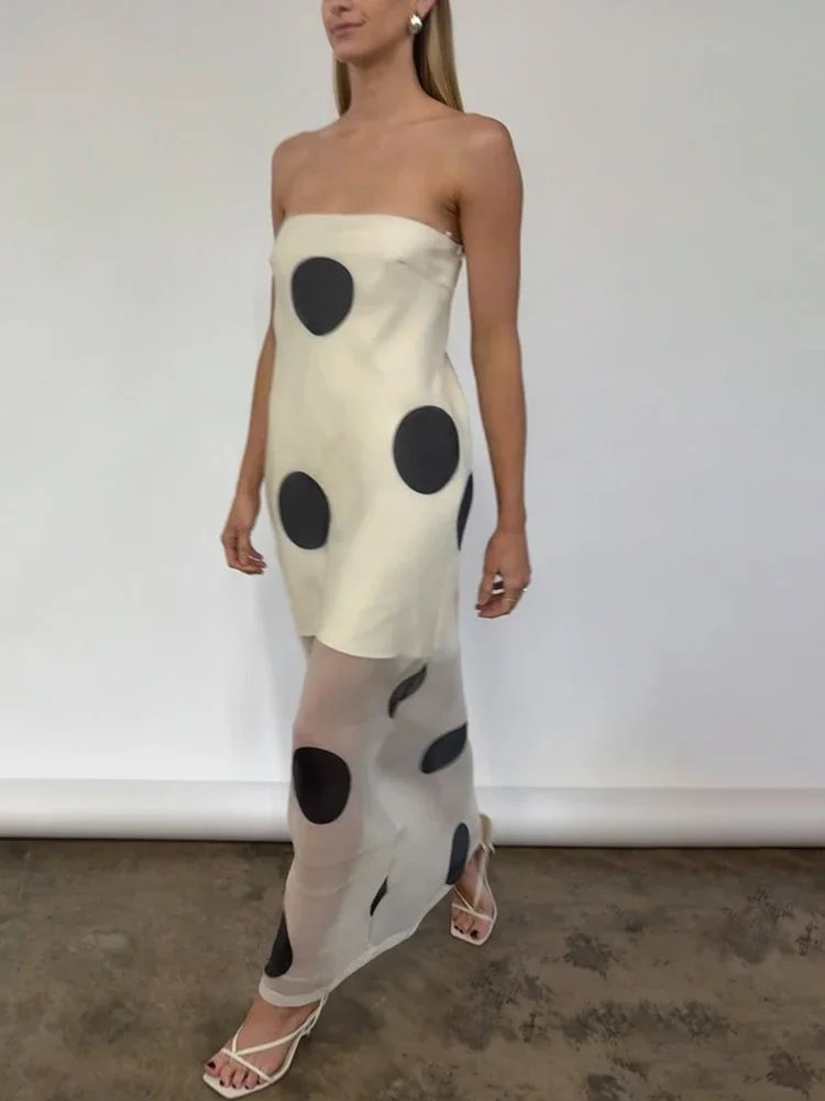 Polka dot impresso dupla camada feminina maxi vestido sexy ver através de malha vestido de verão magro elegante festa vestido de noite