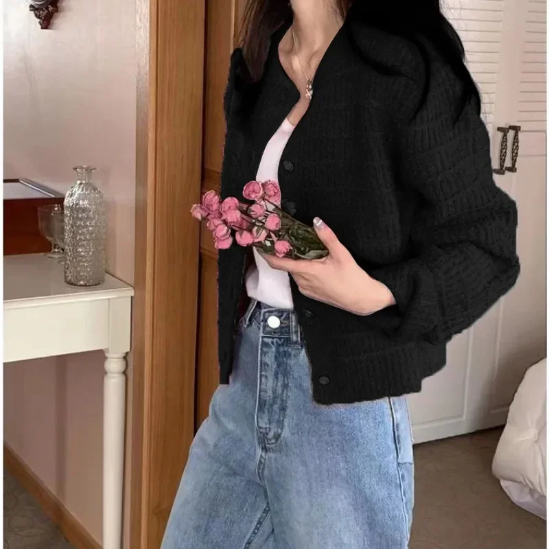 Long Sleeved Sweater For Women Elegant Tweed Knitted Cardigan Loose Fit Casual Solid Color Outer Wear Spring Autumn All-Match