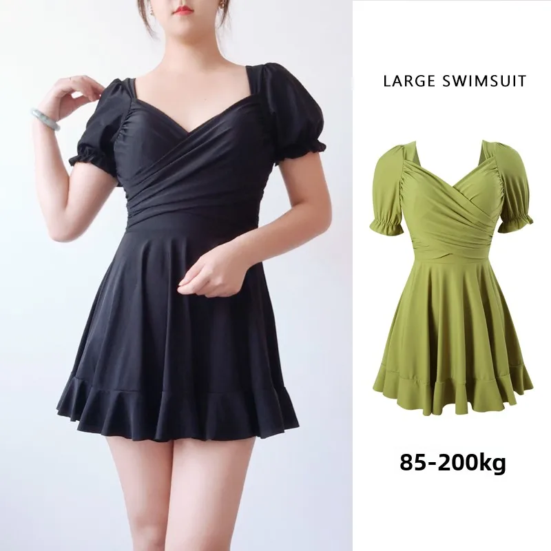 New plus Size Women's Swimsuit Conservative One-Piece Skirt Sle ort Sve Thermal Spa Swimming Suit Slimming Effect