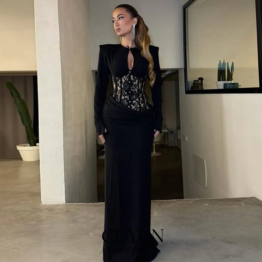 CUYUN Elegante Lange Ärmel Schwarz Abendkleider Frauen Oansatz Spitze Angepasst Modest Party Kleid Saudi Dubai Formale Event Kleider