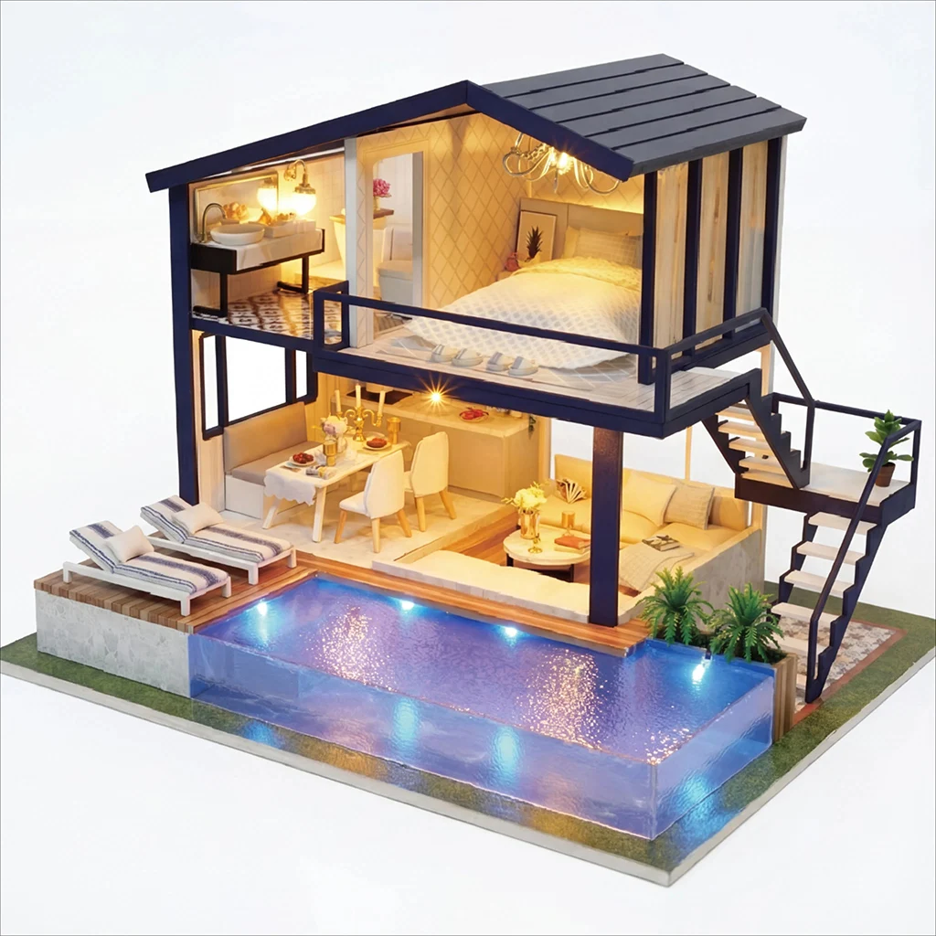 OUZEY Kit modello in legno per casa delle bambole con appartamento temporale fai-da-te, oltre 14 set di costruzione di ville creative, regalo di compleanno educativo per adulti e adolescenti