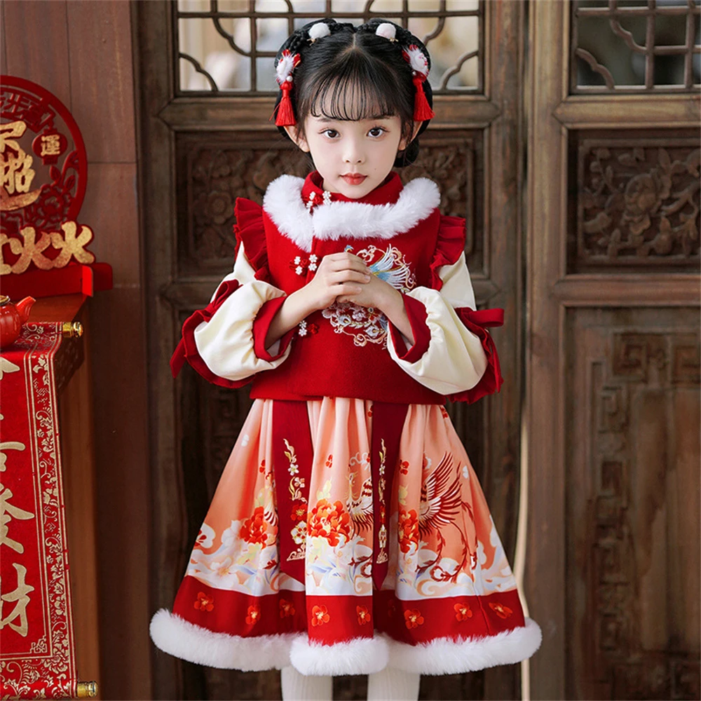 Girls' Winter Thick Hanfu Children's Cute Printed New Year Tang Suit Chinese Red Warmth Improved Traditional Ancient Costume Set