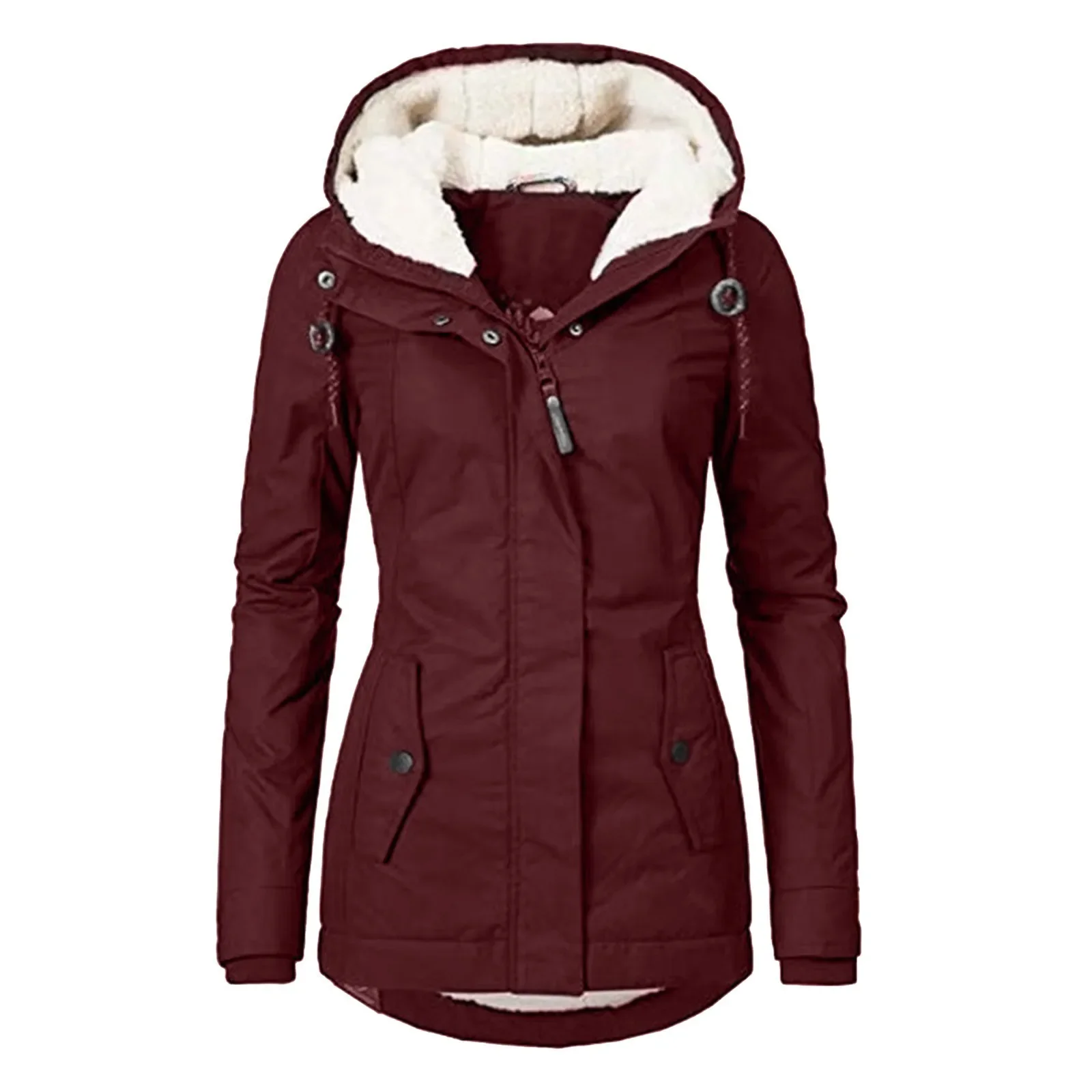 2021 New Style Women's Autumn/winter Fleece-lined Long Sleeve Jacket Solid Color Pocketzip-up Wish Parkas