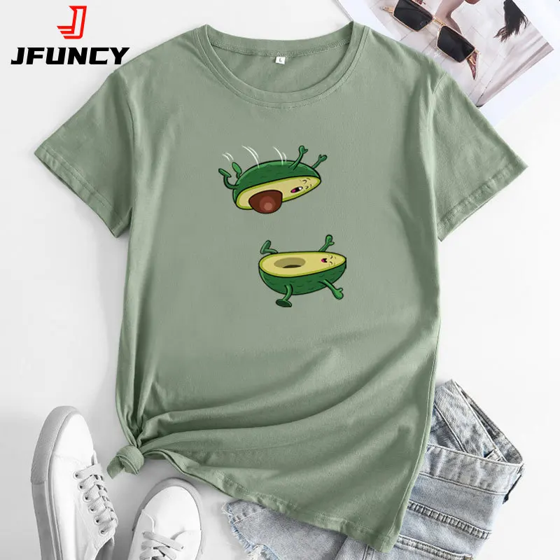 JFUNCY Women Tshirt Funny Avocado Graphic T Shirts Short Sleeve Tees Summer Cotton T-Shirt Female Tops Oversized Woman T-shirts