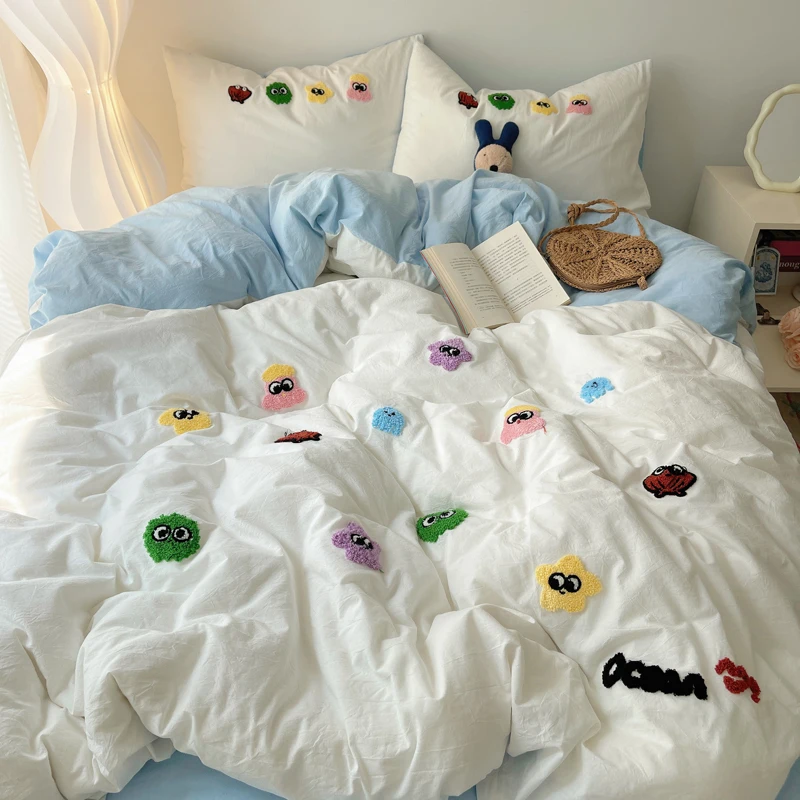 Pure Cotton Bedding Set Four-Piece Towel Embroidery Bed Sheet Three-Piece Dormitory Bedding All Seasons Cotton 2024