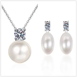 8mm Freshwater Pearl Pendant 0.9ct/set Moissanite Jewelry Sets D Color Wedding Jewelry S925 Silver Necklaces Earrings For female