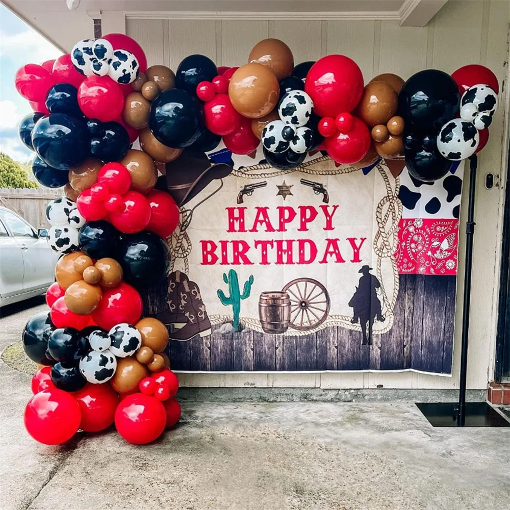 

116pcs Western Cowboy Balloon Garland Arch Kit Red Black Cow Print Latex Balloons for Farm Cow Wild Party Decoration Supplies