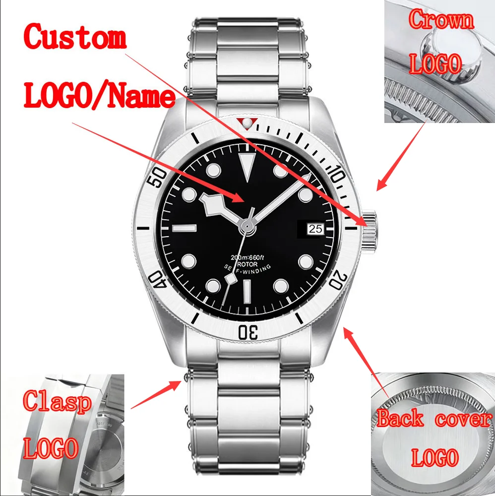LOGO personalizzato Orologio da uomo NH35 in acciaio sterile da 39 mm quadrante nero Orologi da uomo Orologio da polso automatico impermeabile con cristallo di zaffiro
