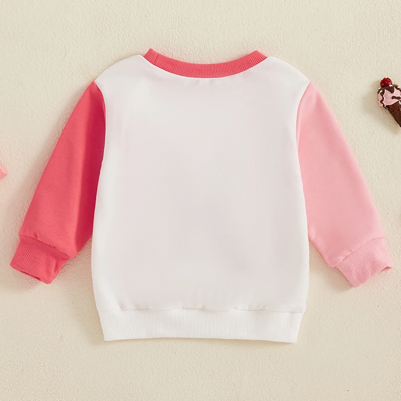 Suefunskry Baby Girl Valentine's Day Sweatshirt Fuzzy Letter Embroidered Contrast Color Long Sleeve Round Neck Casual Tops