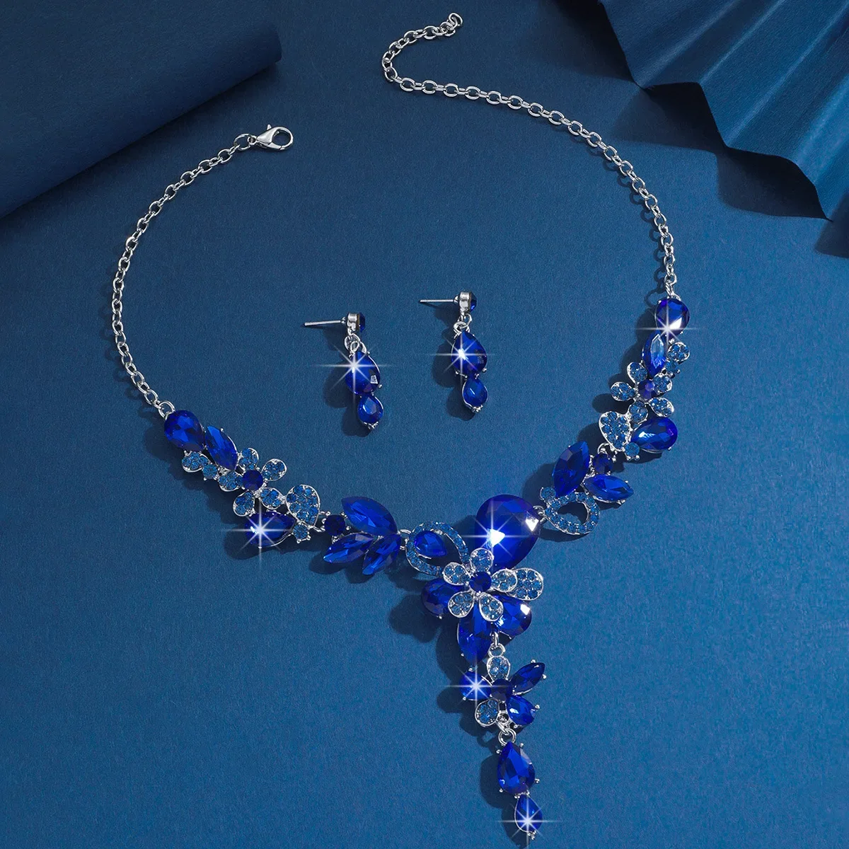 Azul elegante waterdrop strass pingente colar brincos de casamento conjunto de jóias de noiva banquete de casamento festa presente do feriado