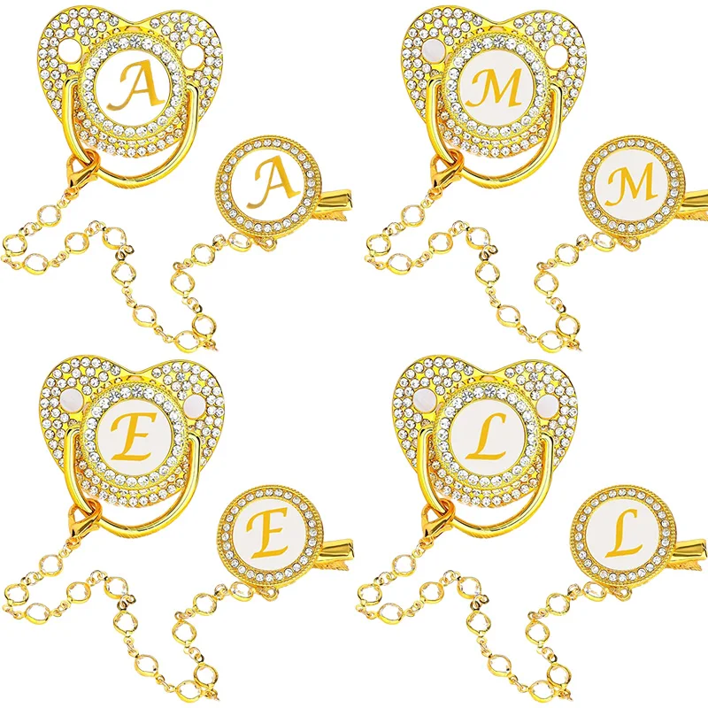 

Full Rhinestone Gold Baby Pacifier Crystal Chain Clip Cover Name Initials Letter Silicone Pacifiers BPA Free Newborn Shower Gift