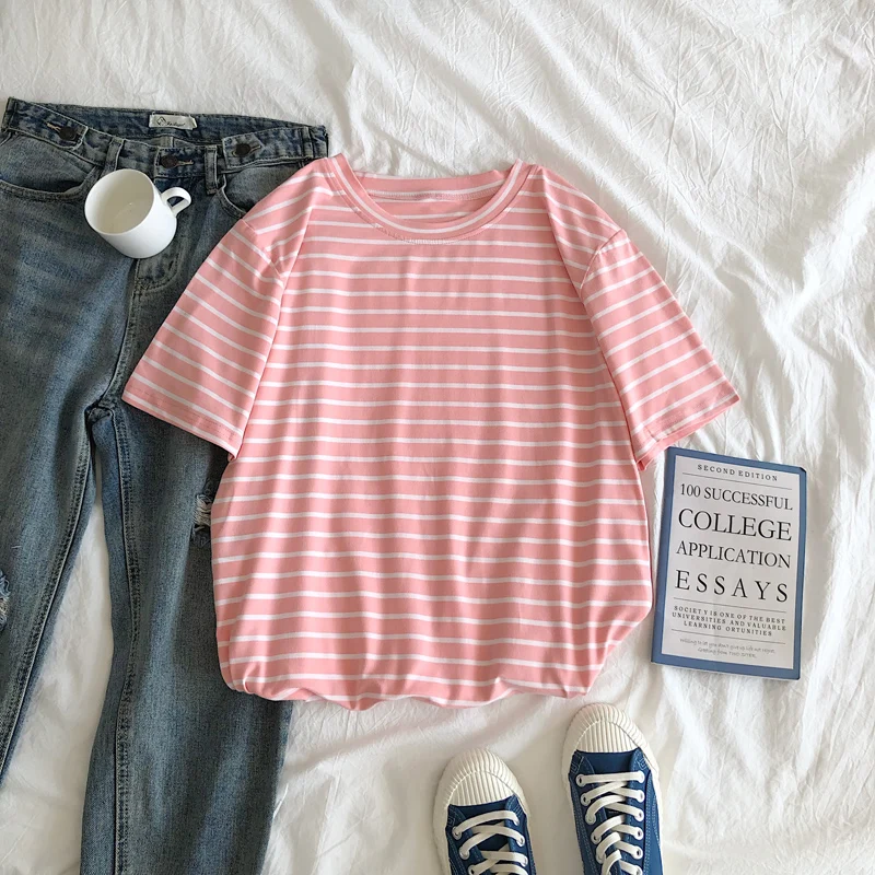 

Women's Casual Punk T-irt Color Striped One-Ne Slim Fit Cotton 96% Other Material 4% Thin Seven-Sve Printed T-irt