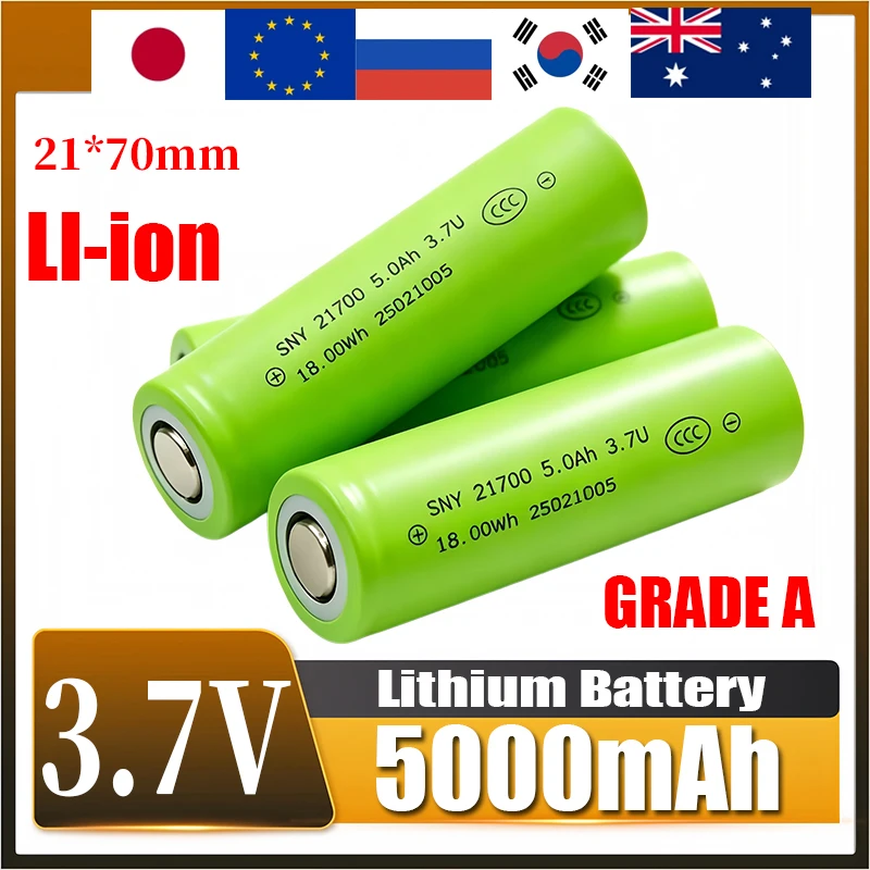 Cellule rechargeable au lithium-ion 3,7 V 5000 mAh 21700 à dessus plat, norme de charge CC/CV, décharge instantanée de pointe 5C, idéale pour 3S 4S