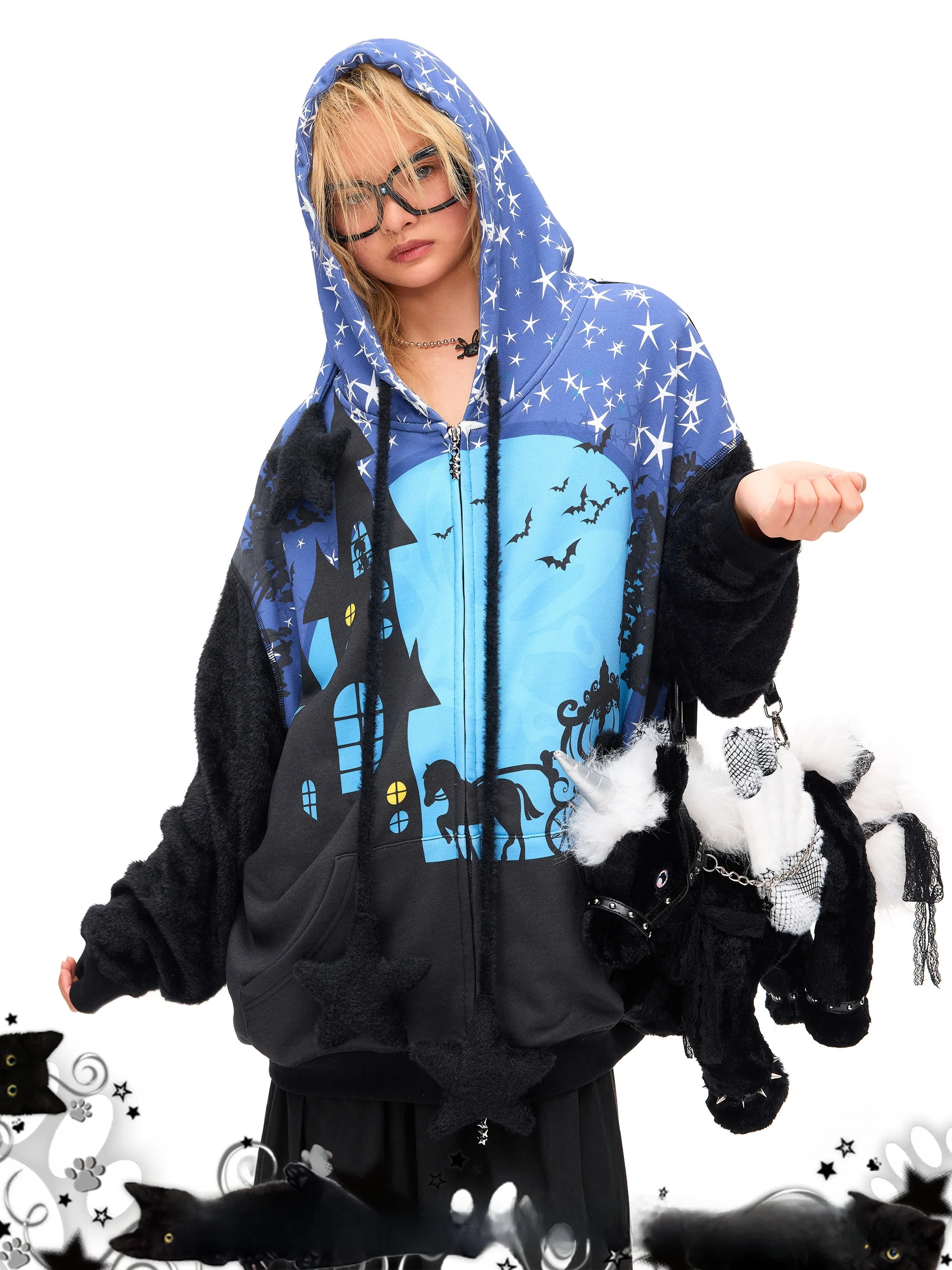 

Толстовка-худи Good Night Hat CFIERCE Starry Night Witch, женская, свободного кроя, хлопковая, с длинными рукавами, на молнии, из весенней коллекции