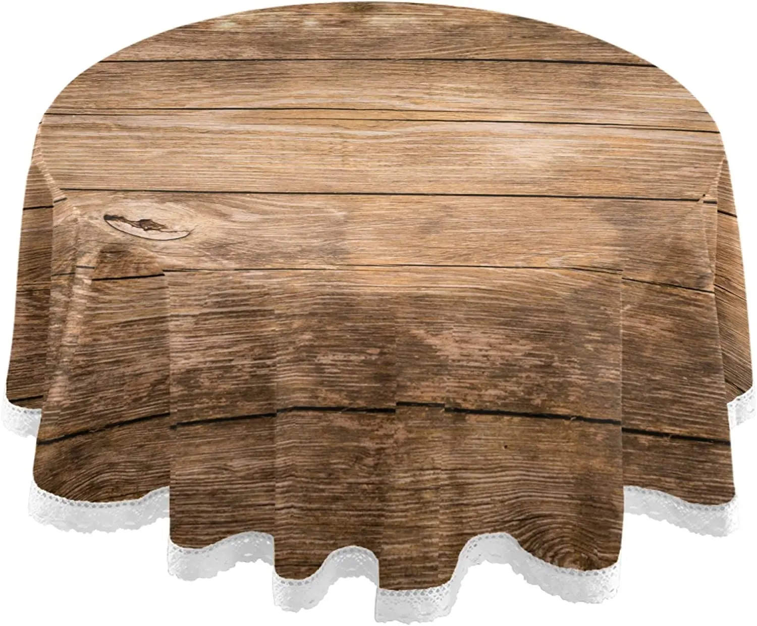 Table Decoration Rustic Wood Planks Round Table Cloth Retro Wood Grain Polyester White Lace Tablecloth 60 Inch for Dinner Party