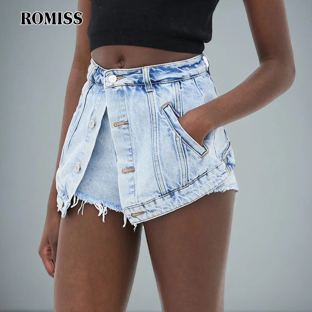 

ROMISS Patchwork Mini Short Pants For Womens High Waist A Line Denim Solid Minimalsit Shorts Skirts Female Clothing Summer