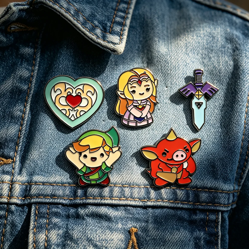 5pcs Kawaii Master Sword Enamel Lapel Pins Set Anime Themed Brooch Badges for Jackets Bags Collectible Gift for Gamers Souvenir
