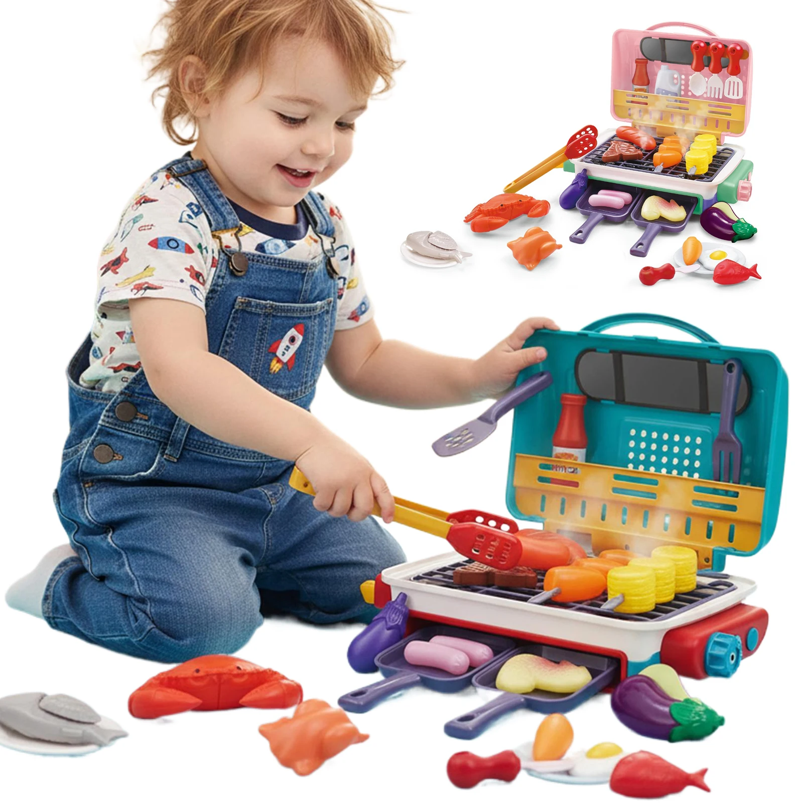 Crianças churrasco grill playset com fumaça som luz crianças jogar brinquedos de cozinha jogar acessórios de cozinha para meninos meninas crianças presente aniversário