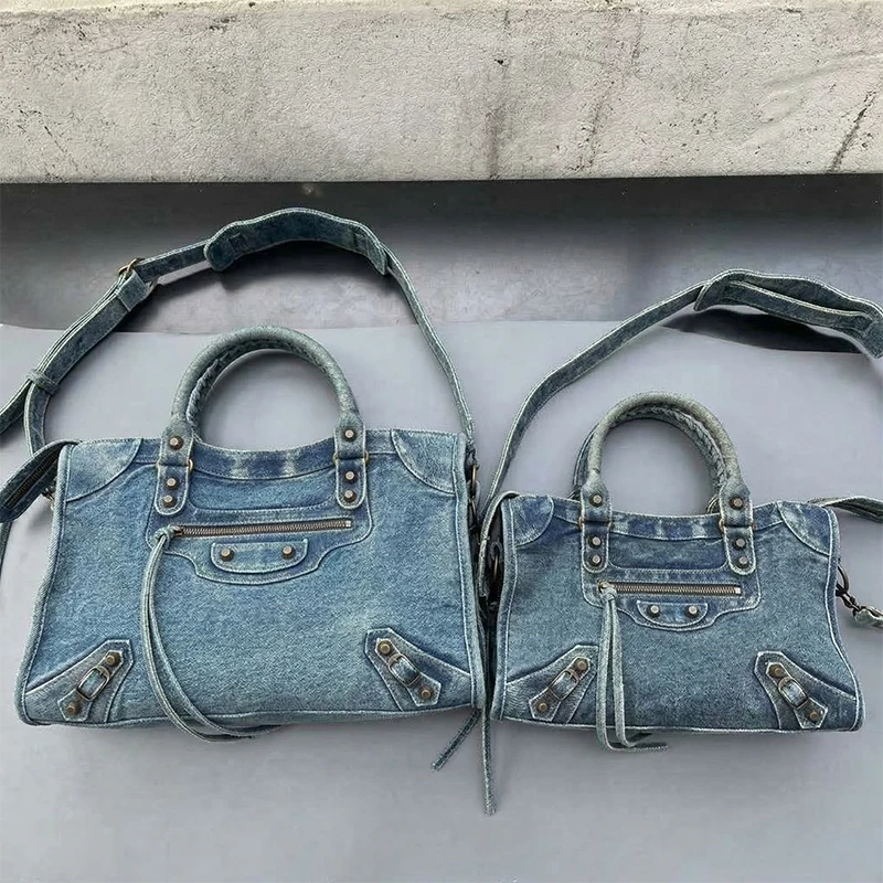 

Women's Retro Washed Denim Bag Studded Motorcycle Crossbody Shoulder Tote Bag Casual Fashion Handbag for Daily Trave