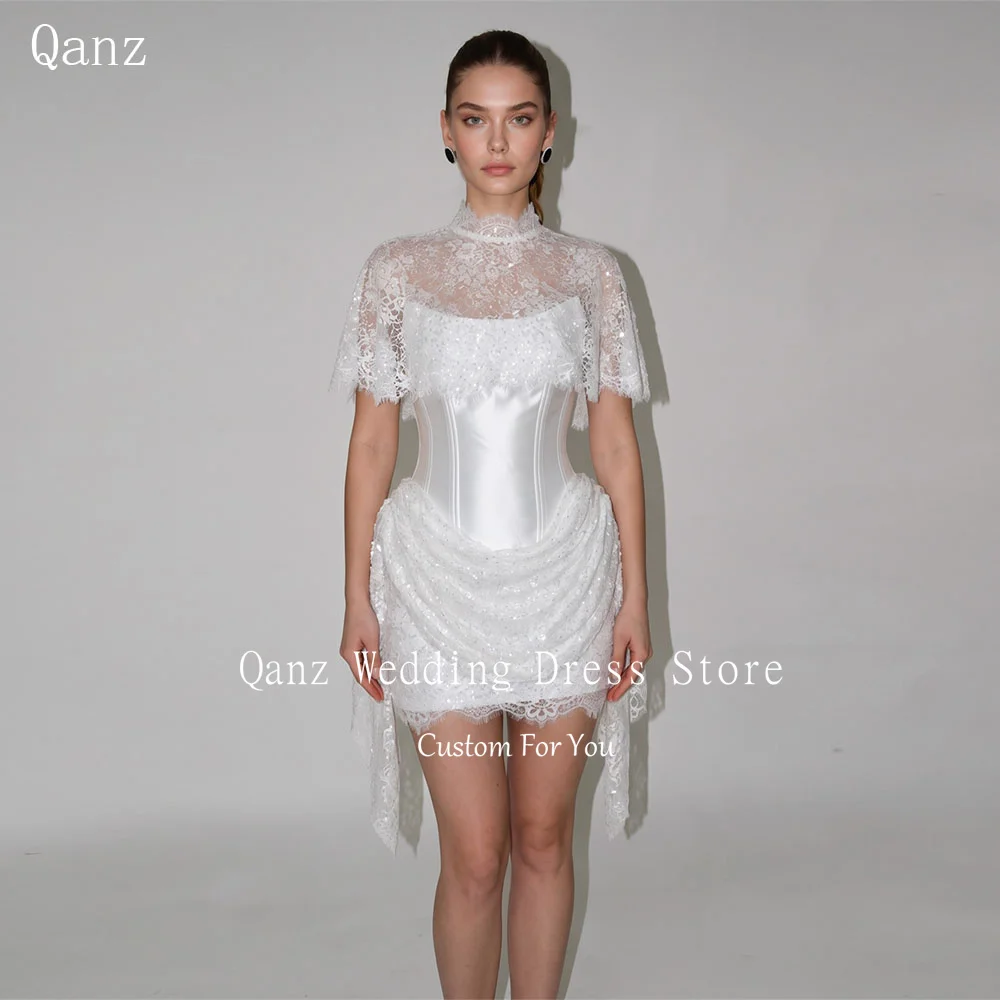 Qanz White Mini Wedding Dresses Bride High Neck Lace Appliques Vestido De Novia Sparkle Short A Line Bridal Gowns Customized