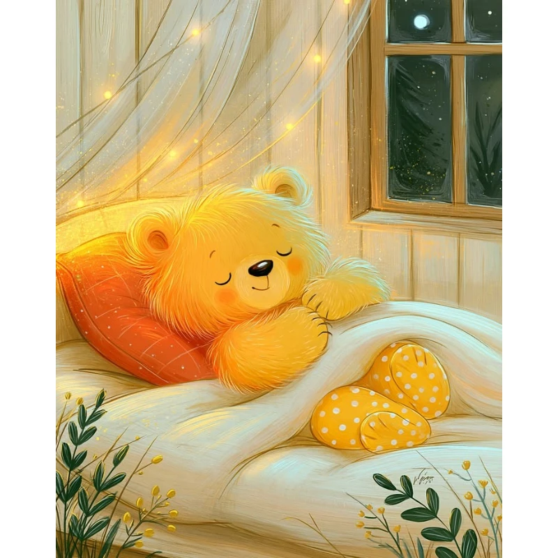 DIY 5D Diamond Painting, Sleepy Fluffy Teddy Bear In Bed, Quiet Moon Night Bedroom With Fairy Lights, Home Wall Decor & Gift