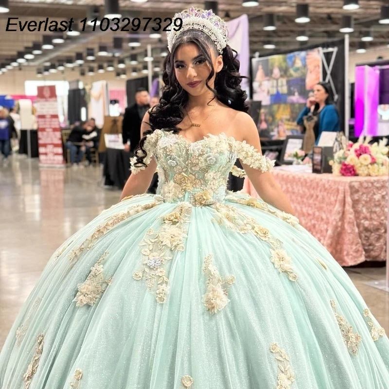 فستان Quinceanera الأخضر المتألق من EVLAST-Sparkly ، مزين بالزهور ثلاثية الأبعاد ، بلورات مطرزة ، فستان كرة 16 حلو ، TQD361