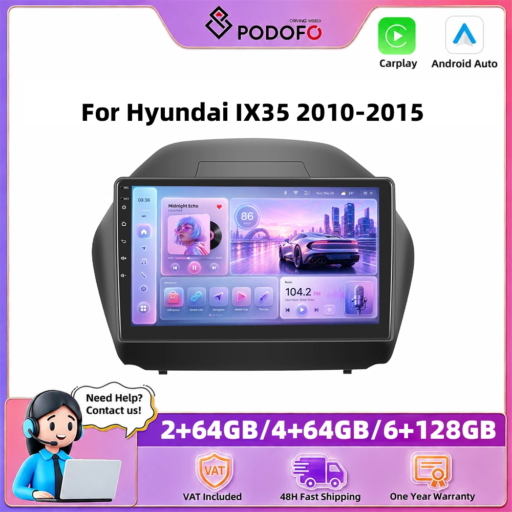 Podofo – autoradio 10 pouces pour Hyundai IX35 2010-2015, Carplay sans fil, Android Auto, systèmes de voiture intelligents, navigation GPS, lecteur multimédia, MirrorLink, BT, WIFI, unité principale