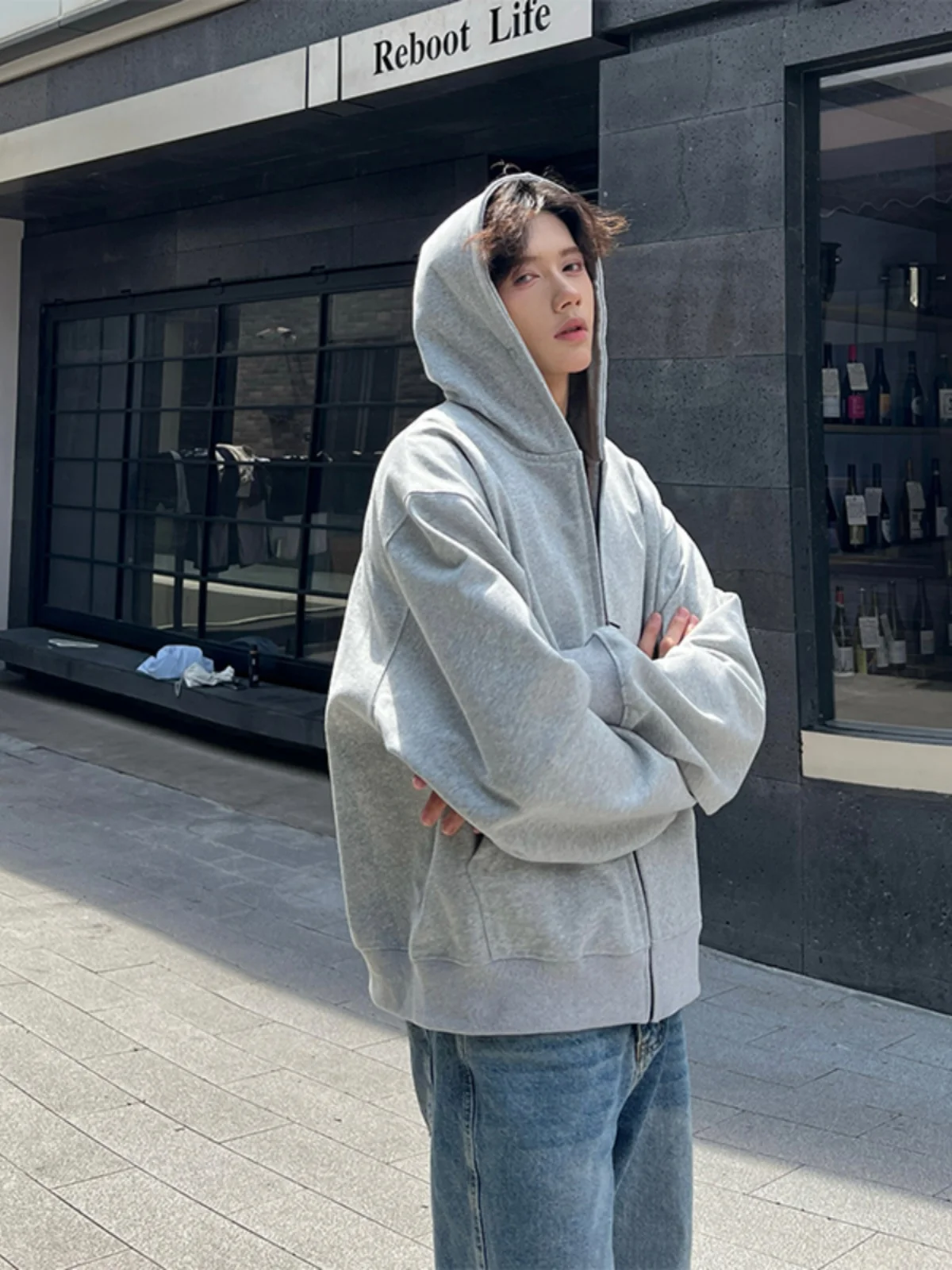 

Floral ey Heavyweight Boxy Hoodie Cardigan ort Padded oulder Cleanfit Jaet Men High-End Feeling Haome Hooded Sweat...