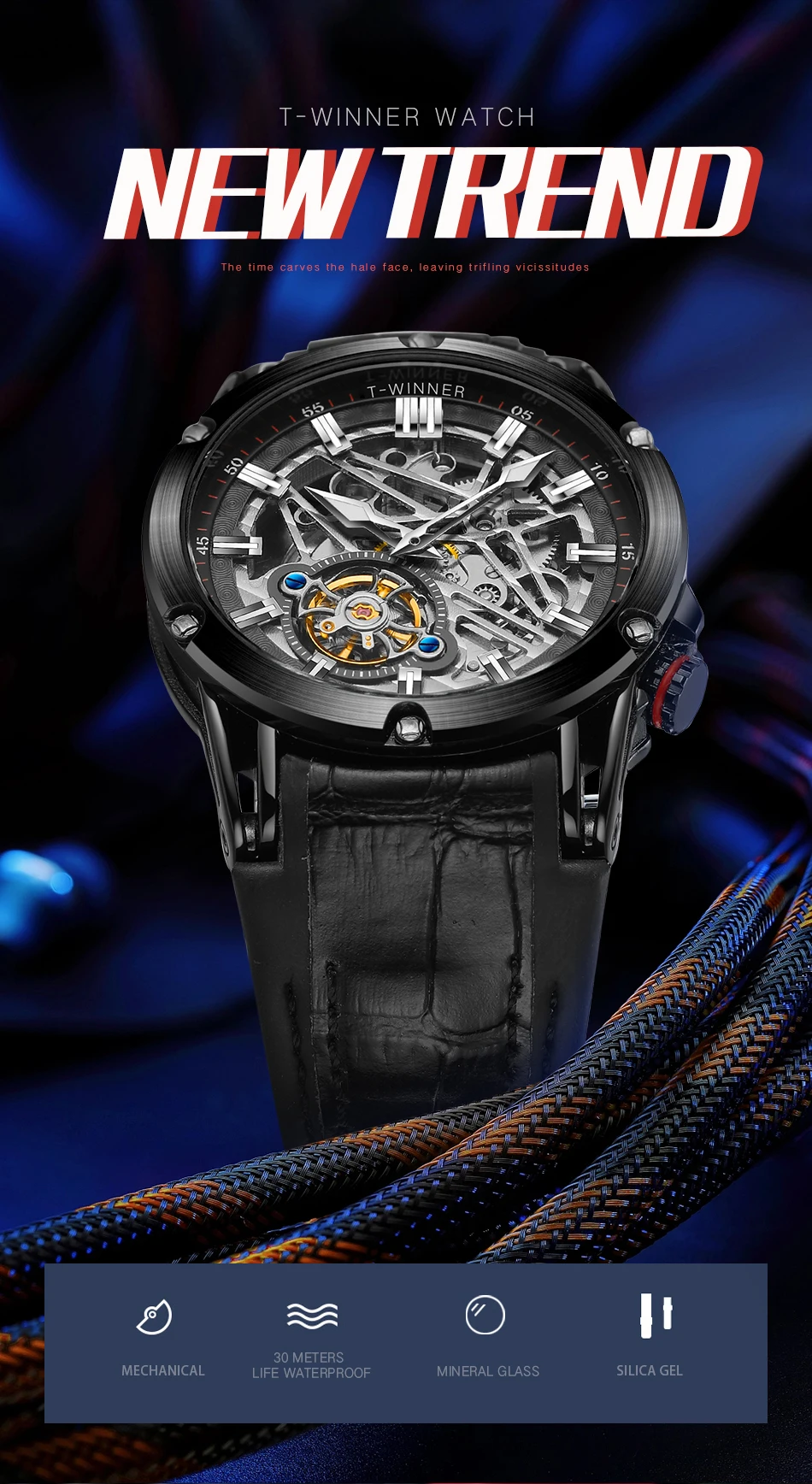 T-WINNER 2025 New Charming Luxury Men's Watch Skeleton Automatic Mechanical Wristwatch Rivet Inlay Genuine Leather Fashion Clock
