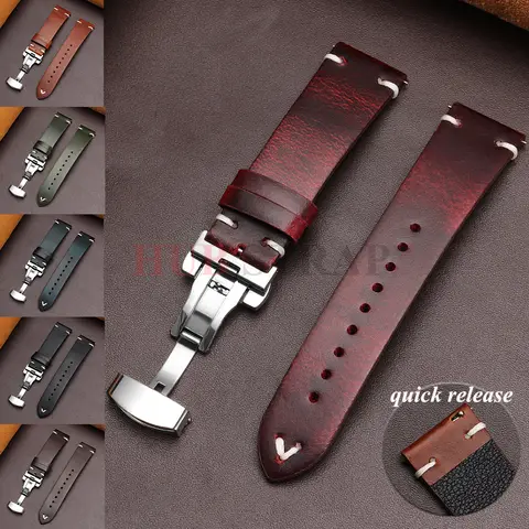 18mm20mm 22mm Bracelet for Seiko Vintage Oil Wax Leather Watch Band Butterfly Buckle Stitching Cowhide Strap for Omega watchband