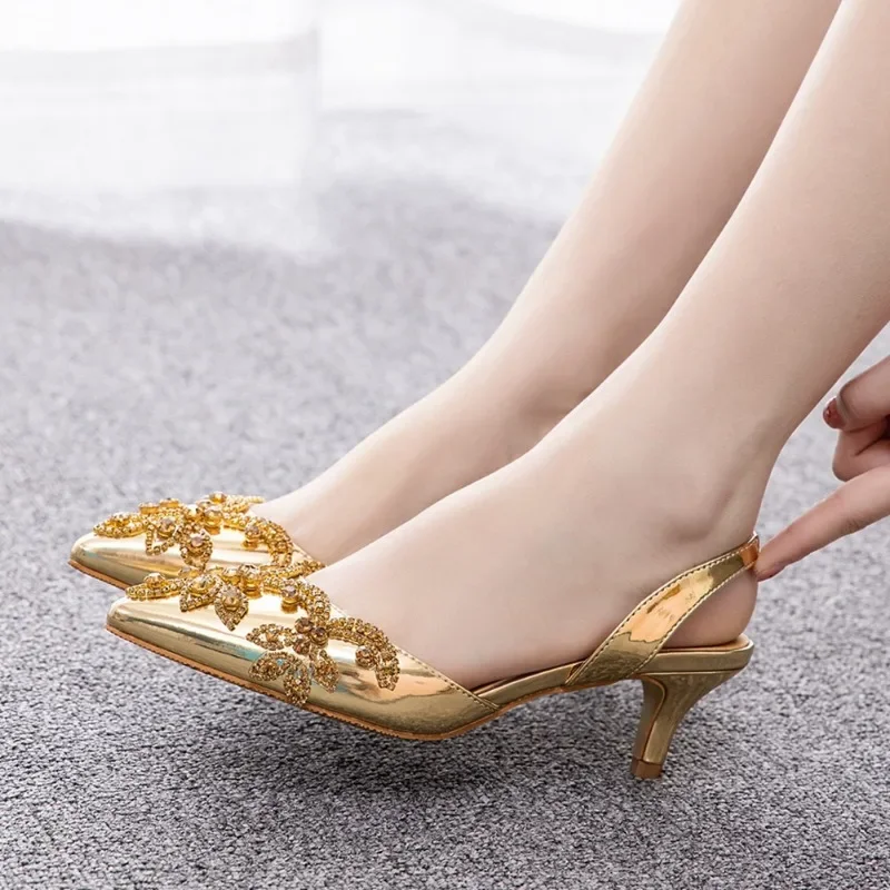 Summer High-heeled Women\'s Sandals Rhinestone PU 5CM Thin Heels Back Strap Wedding Shoes Women\'s Shoes Golden Party Dress High