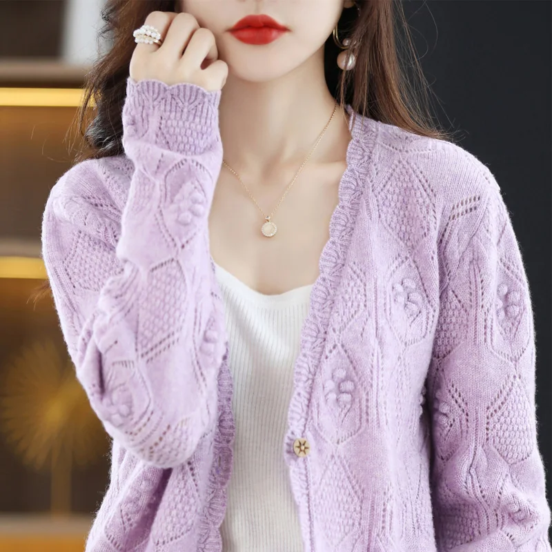 Autumn and winter new 100% pure wool knitted cardigan women\'s new coat openwork cashmere sweater knit sweater V-neck top women