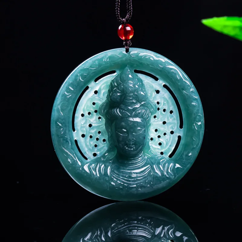 Natural Grade A Jadeite Blue Water Guanyin Pendant with Hollow Design, Exquisite Jade Jewelry and Ornament
