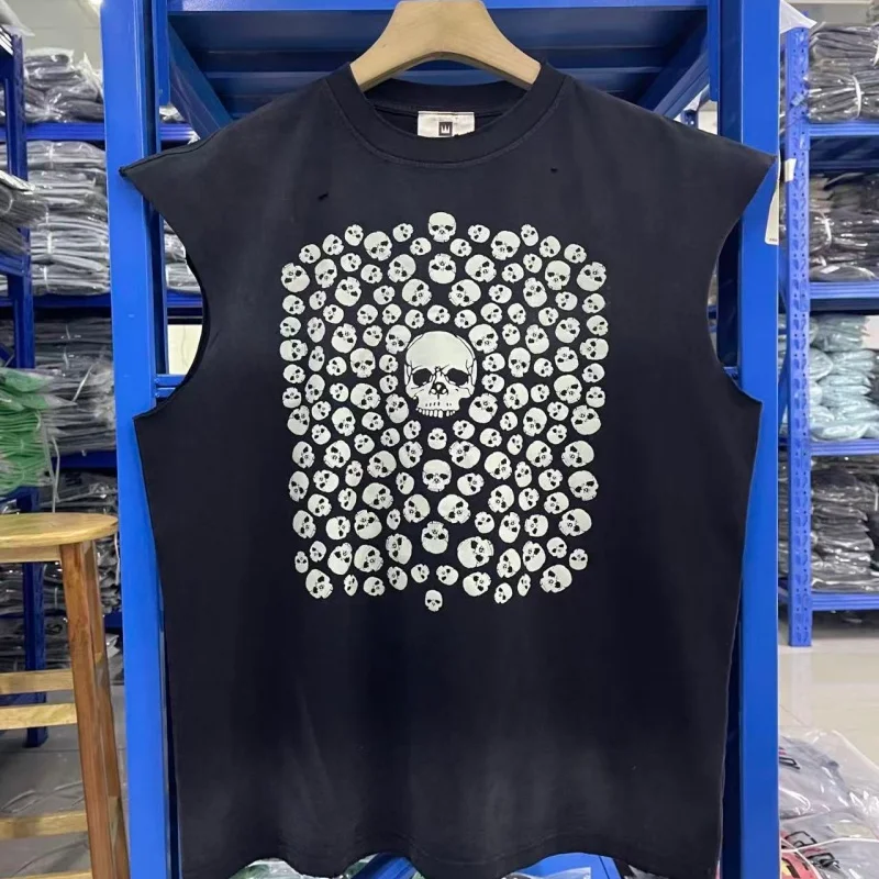 Men Vintage Washed Sleeveless T-Shirt PALY Distressed Hole Cluster Skull Print Cotton Top
