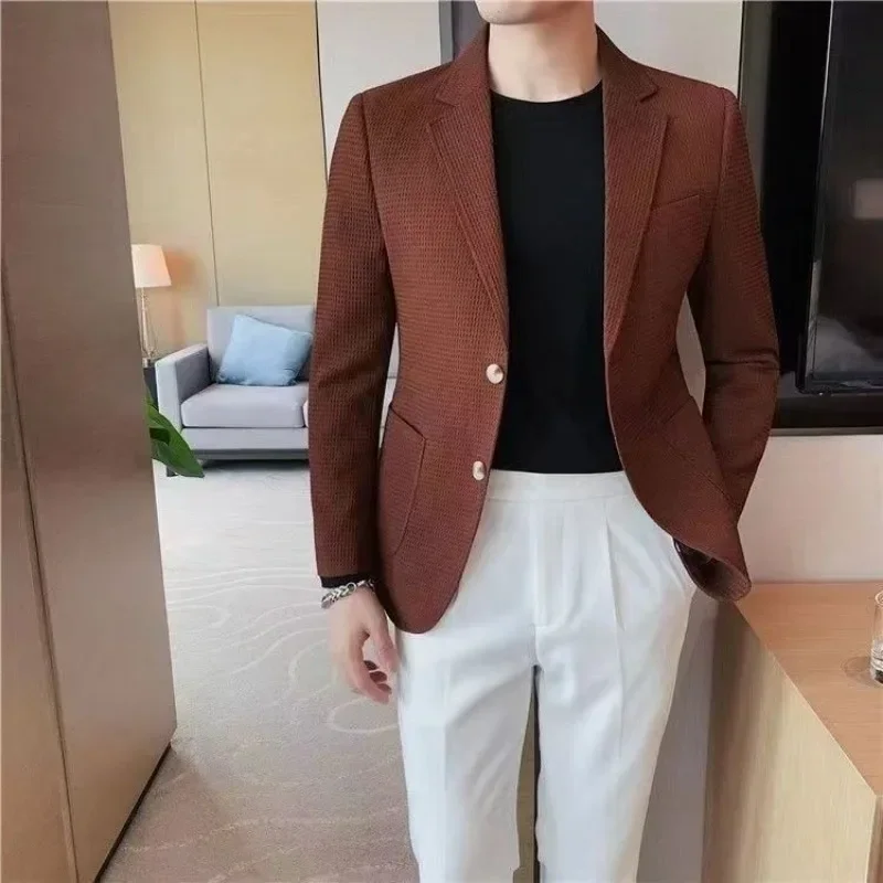 Single Breasted Men\'s Suit Jackets Coat Brown Male Blazer Party Clothing Summer Korean Style Menswear Fashion 2024 New in Suits