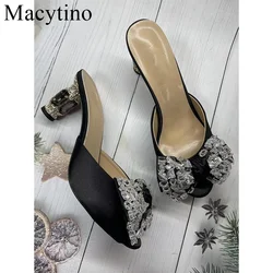 2024 New Summer Glass Rhinestone Rough Heel Silk Forged One Shape Slippers Rhinestone Flower Shallow Mouth High Heeled Female Sl