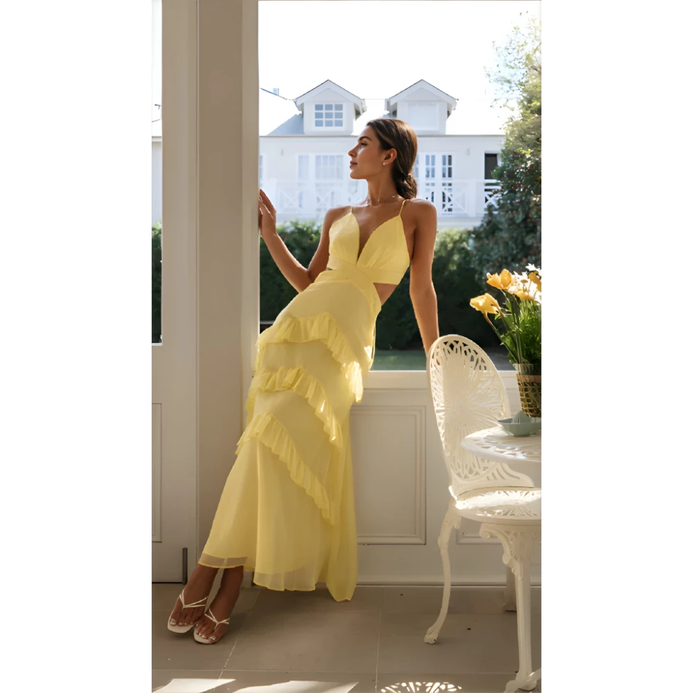 ESBRIDE Happy Sharon Abiti 2025 Nuova sera Abito da sera giallo di lusso senza maniche Elegante abito da cerimonia nuziale personalizzato