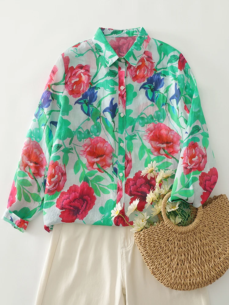 Spring Autumn Printed Cotton Hemp Long Sleeve Shirt Women New Thin Breathable Artistic Blouse Large Loose Casual Shirt Top S105